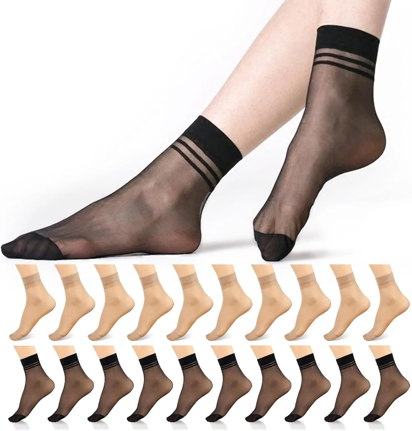 20 Pairs Women's Ankle Sheer Nylon Socks Summer Thin Soft Tight Hosiery Reinforced Toe Stylish Socks