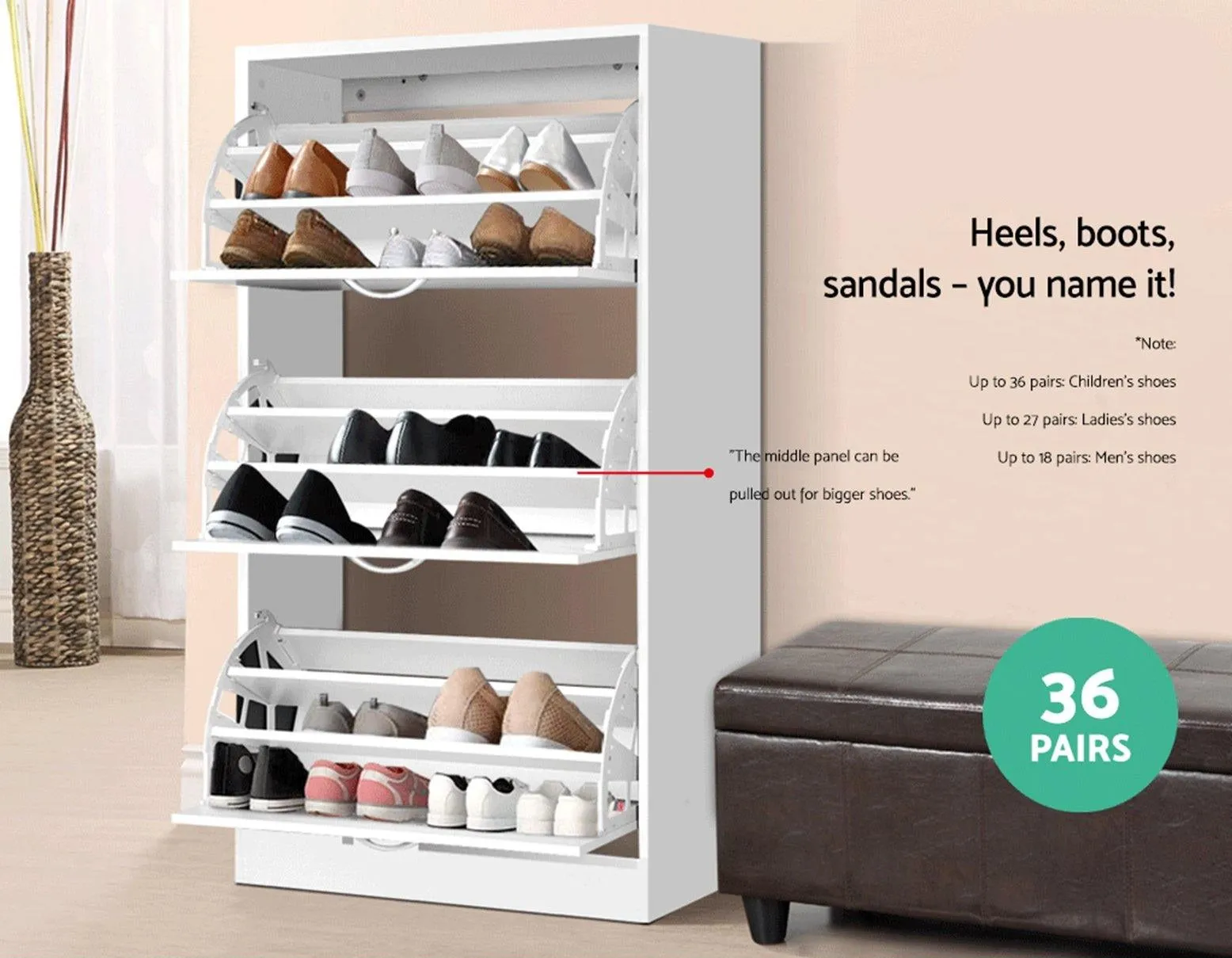3 Tier Shoe Cabinet - White