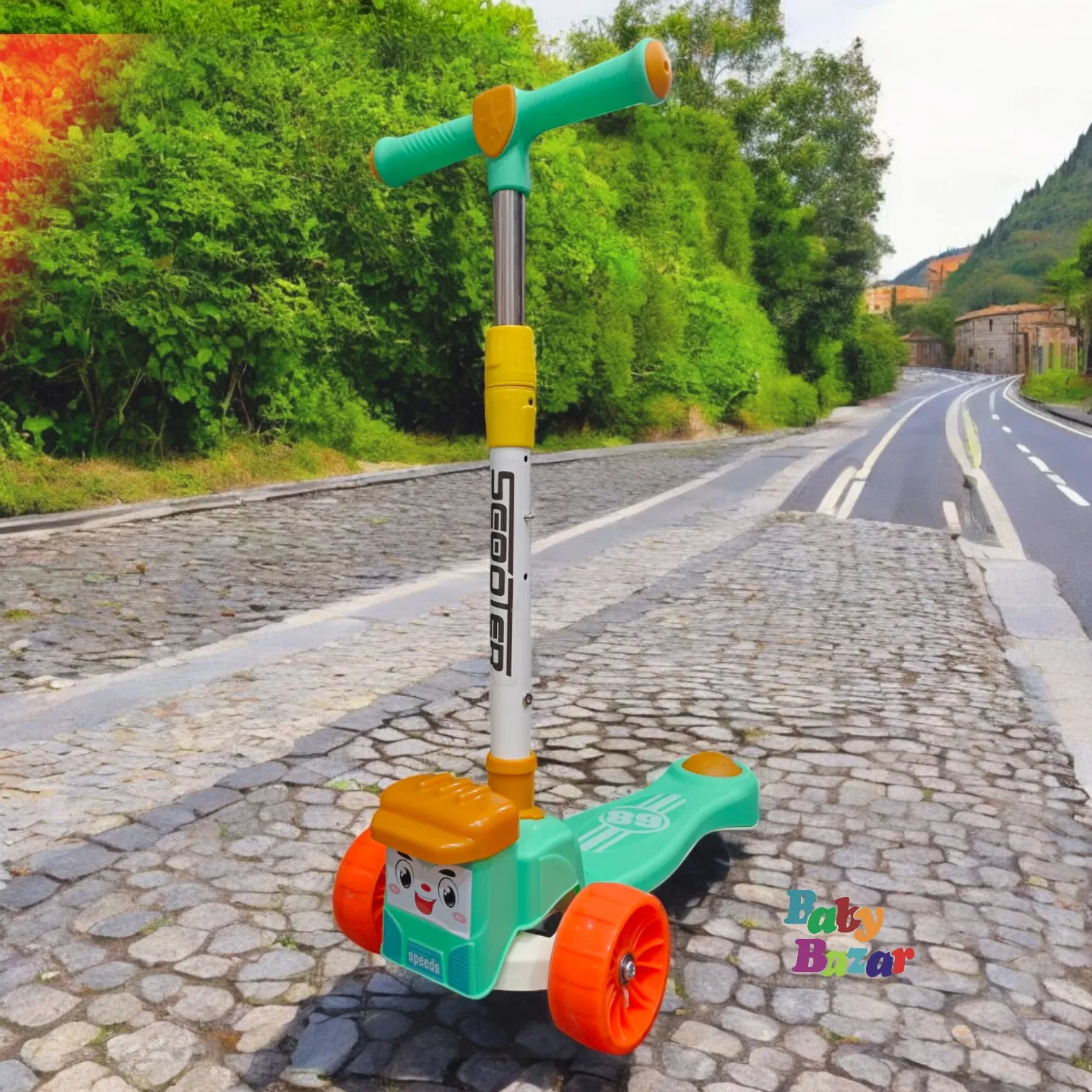3-Wheel Foldable & Adjustable Kids Scooter with Lights - Green Color