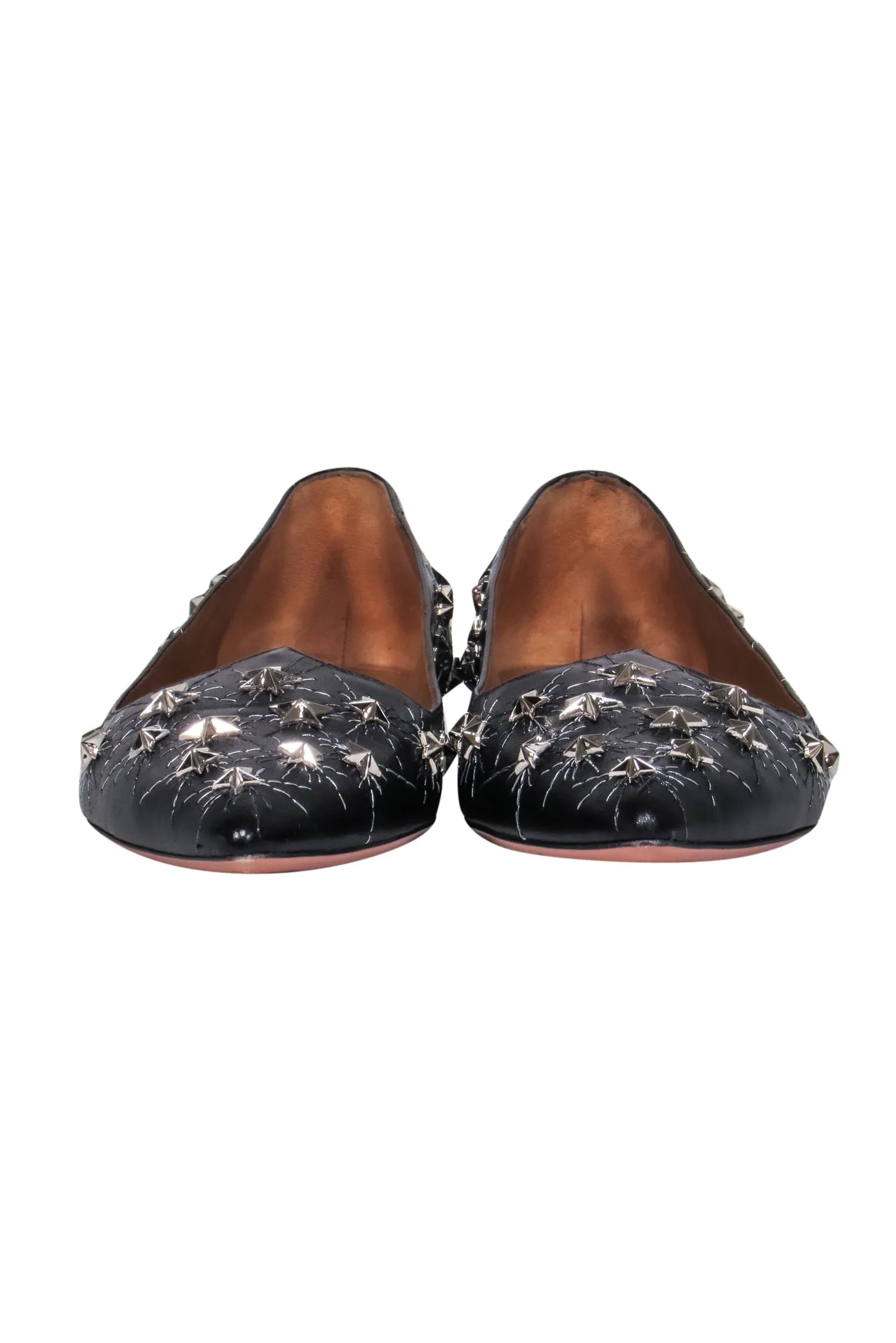 Aquazzura – Black Leather Pointy Toe Flats w/ Metal Studded Stars Sz 8.5