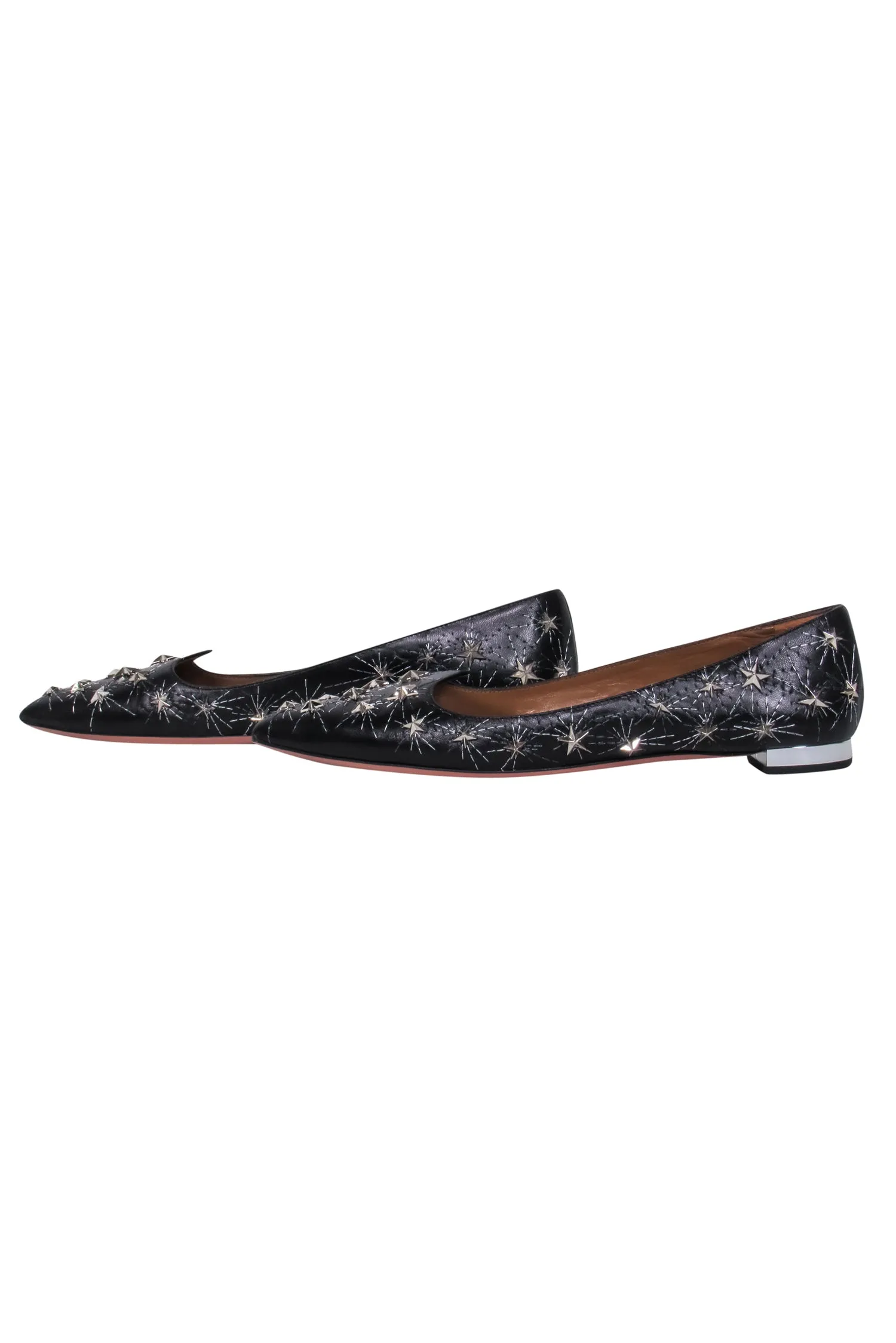 Aquazzura – Black Leather Pointy Toe Flats w/ Metal Studded Stars Sz 8.5