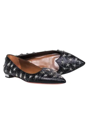 Aquazzura – Black Leather Pointy Toe Flats w/ Metal Studded Stars Sz 8.5