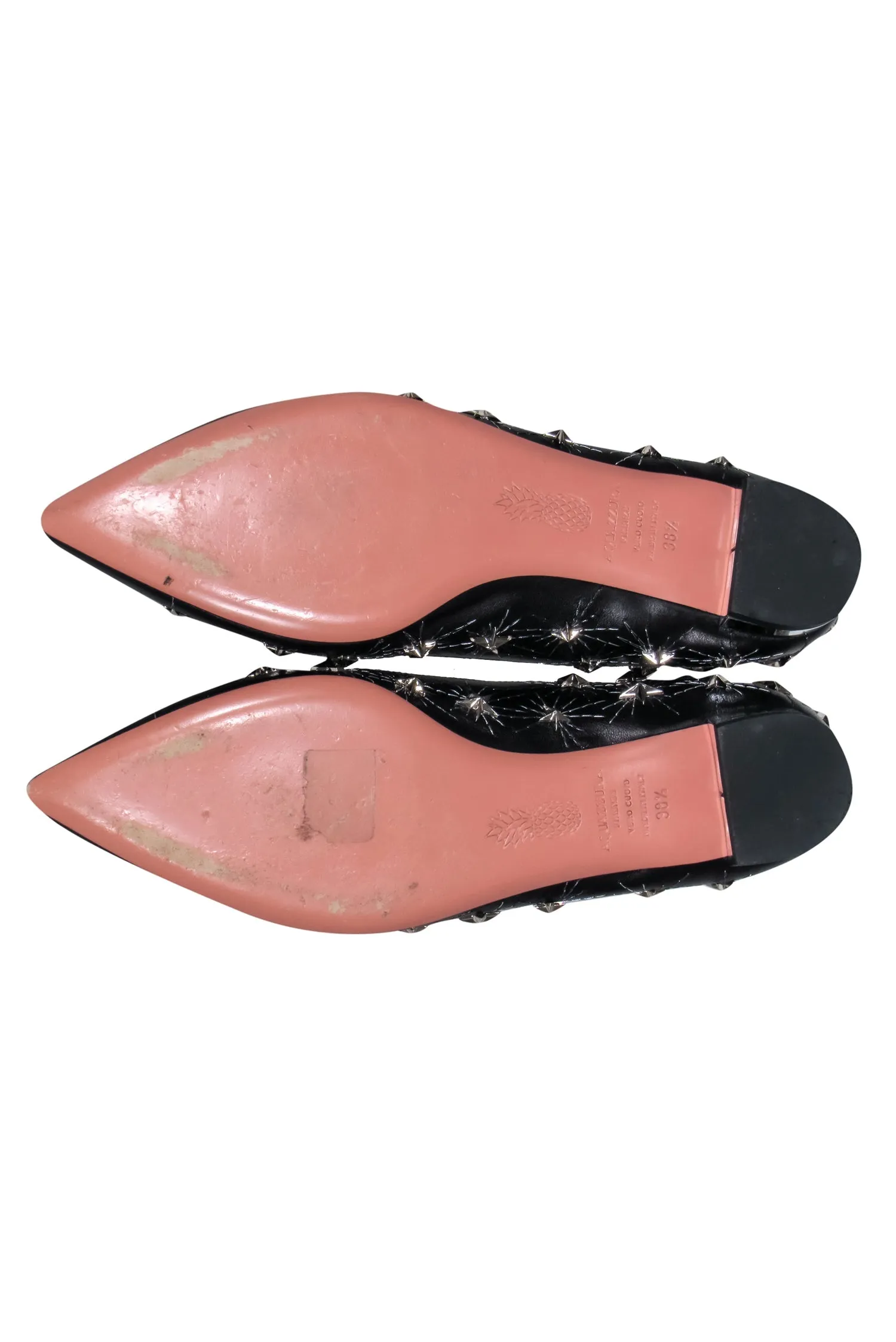 Aquazzura – Black Leather Pointy Toe Flats w/ Metal Studded Stars Sz 8.5