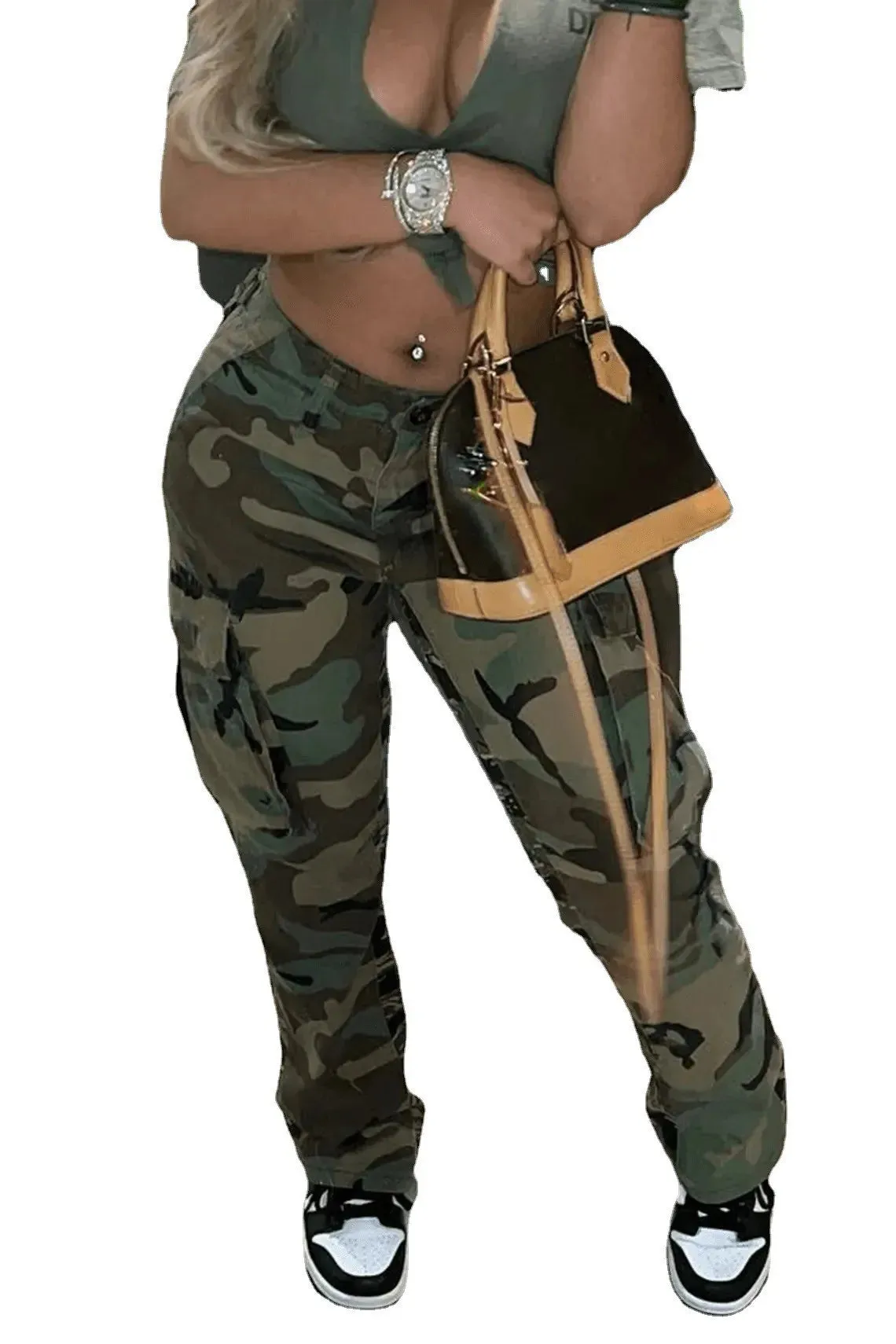 Autumn Camouflage Printing Casual Trousers Woman Big Size 4XL 5XL Pockets Cargo Pants High Waist Straight Cool Streetwear
