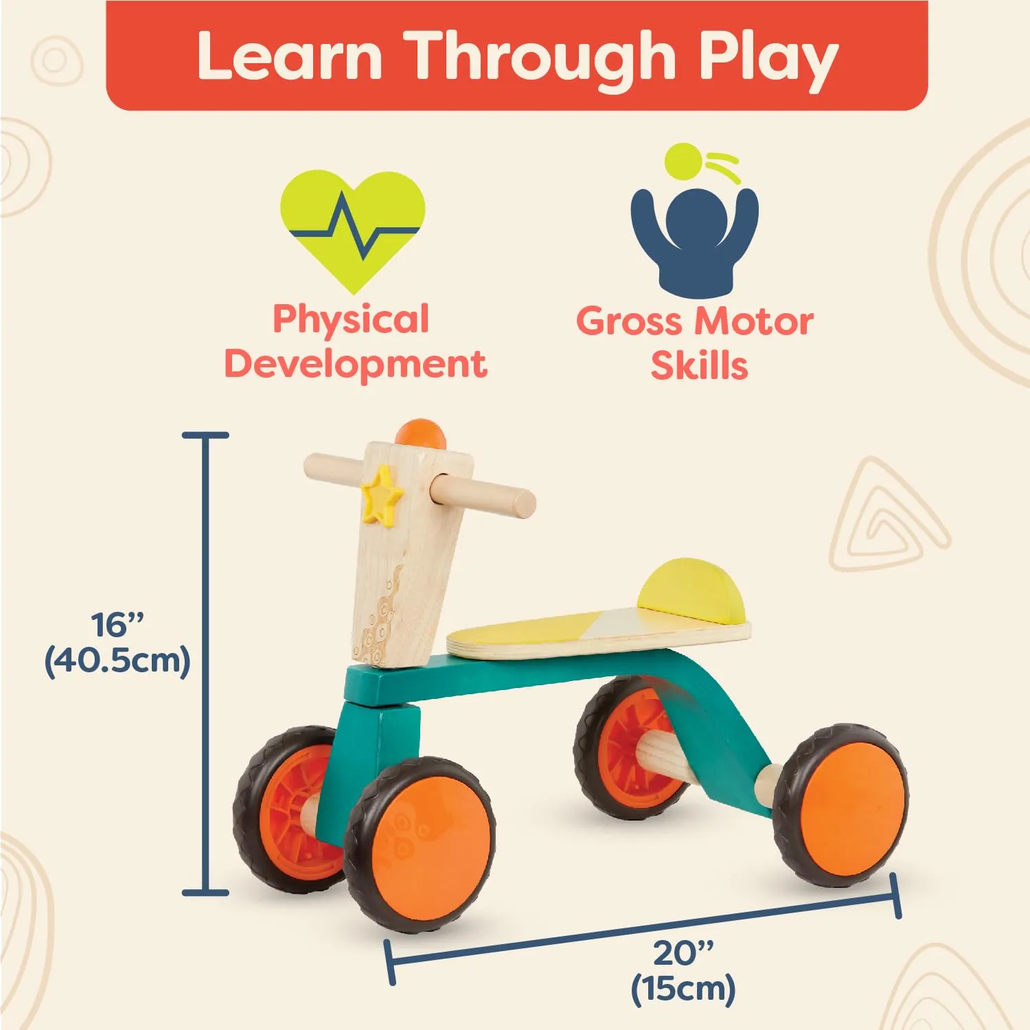 B. Toys- Smooth Rider- Ride On- Wooden Toddler Bike – Balance Toys for Toddlers – Push & Ride Bike – Four Wheels – 18 Months  , Large, Multicolor