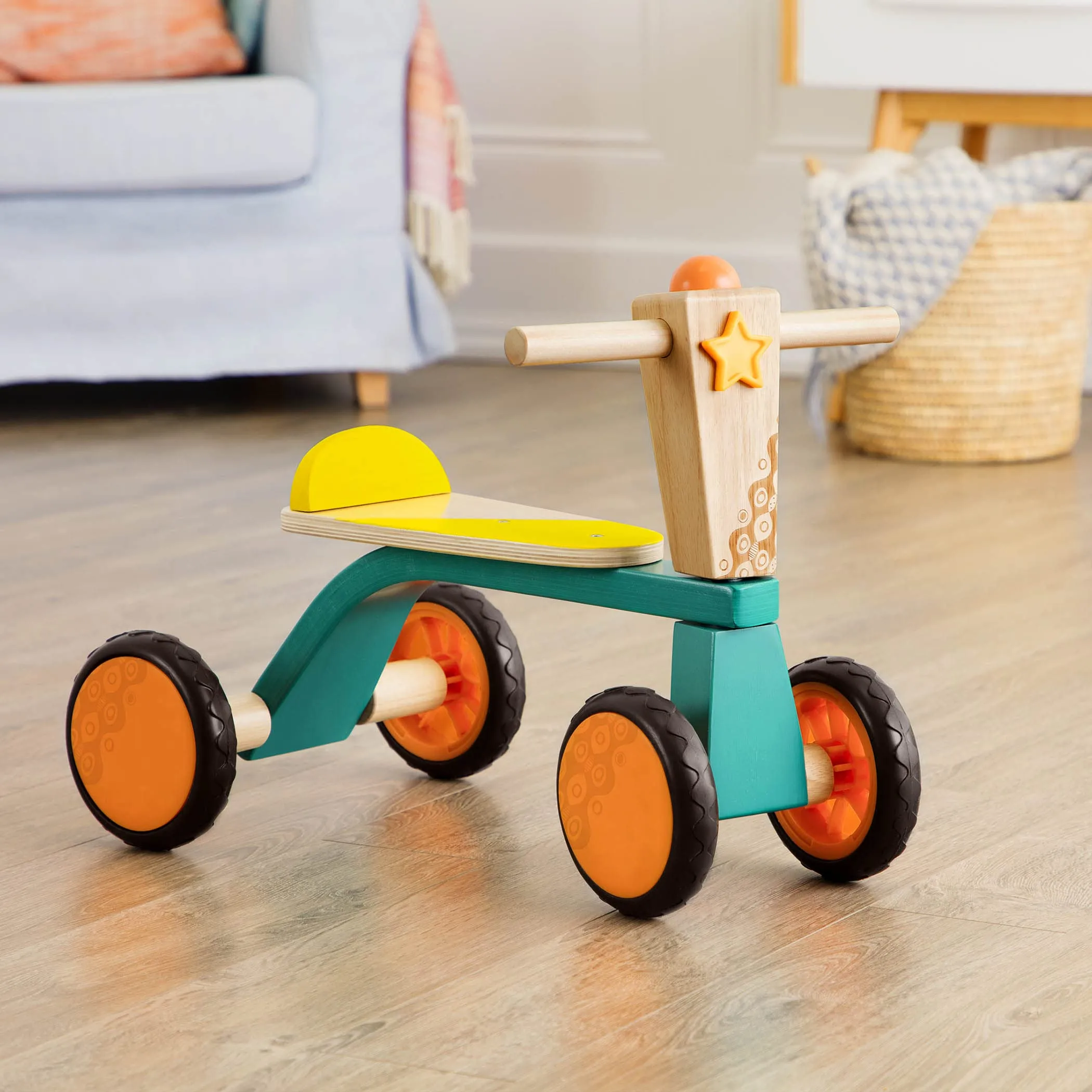 B. Toys- Smooth Rider- Ride On- Wooden Toddler Bike – Balance Toys for Toddlers – Push & Ride Bike – Four Wheels – 18 Months  , Large, Multicolor