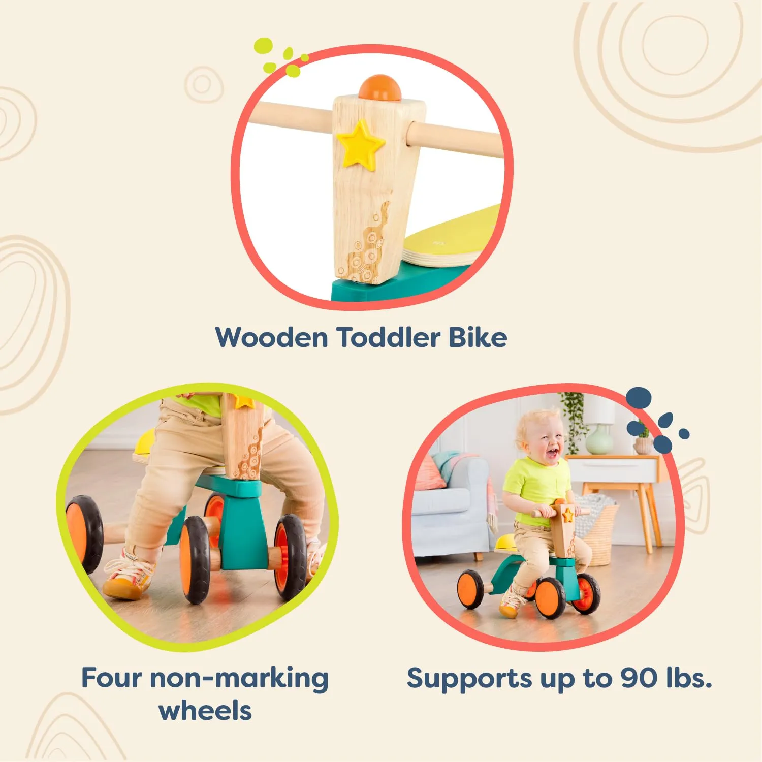 B. Toys- Smooth Rider- Ride On- Wooden Toddler Bike – Balance Toys for Toddlers – Push & Ride Bike – Four Wheels – 18 Months  , Large, Multicolor