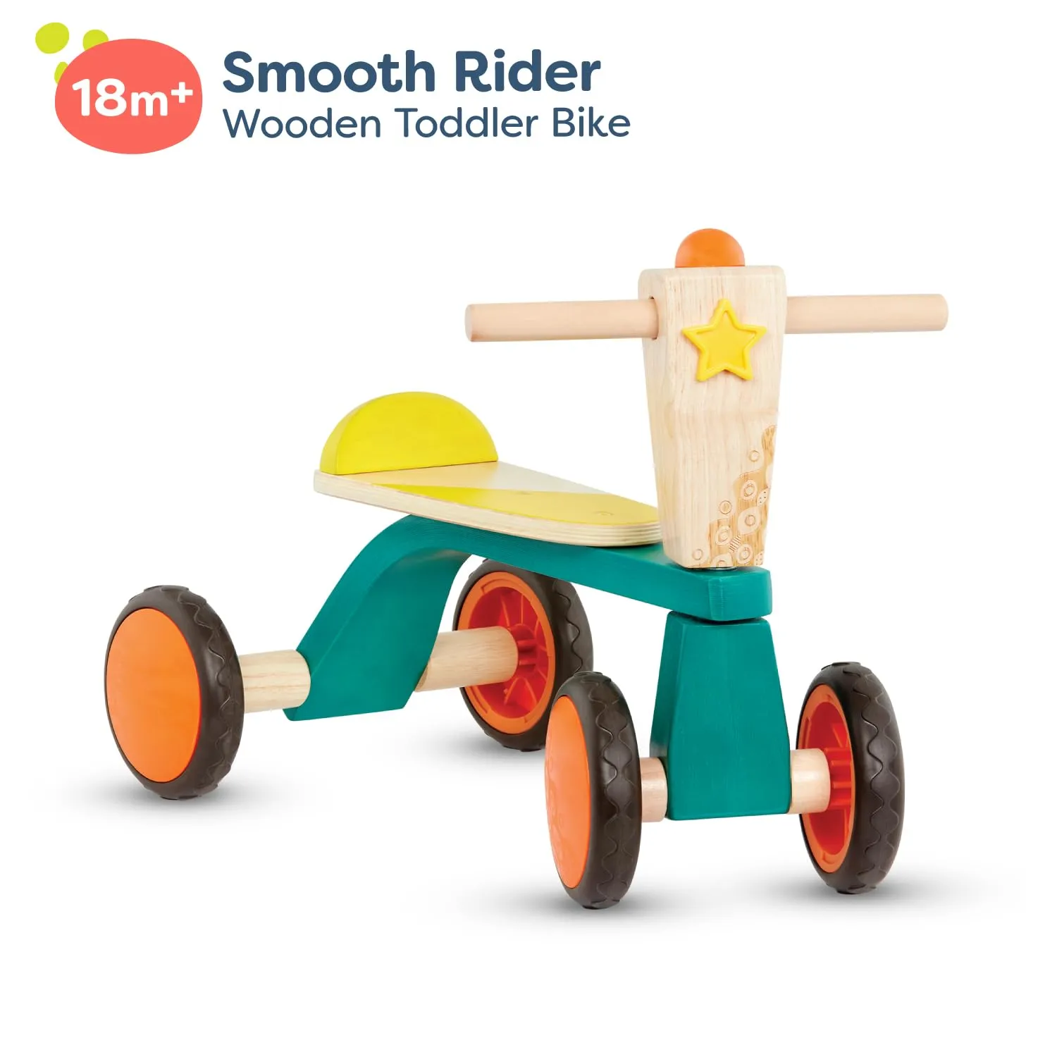B. Toys- Smooth Rider- Ride On- Wooden Toddler Bike – Balance Toys for Toddlers – Push & Ride Bike – Four Wheels – 18 Months  , Large, Multicolor