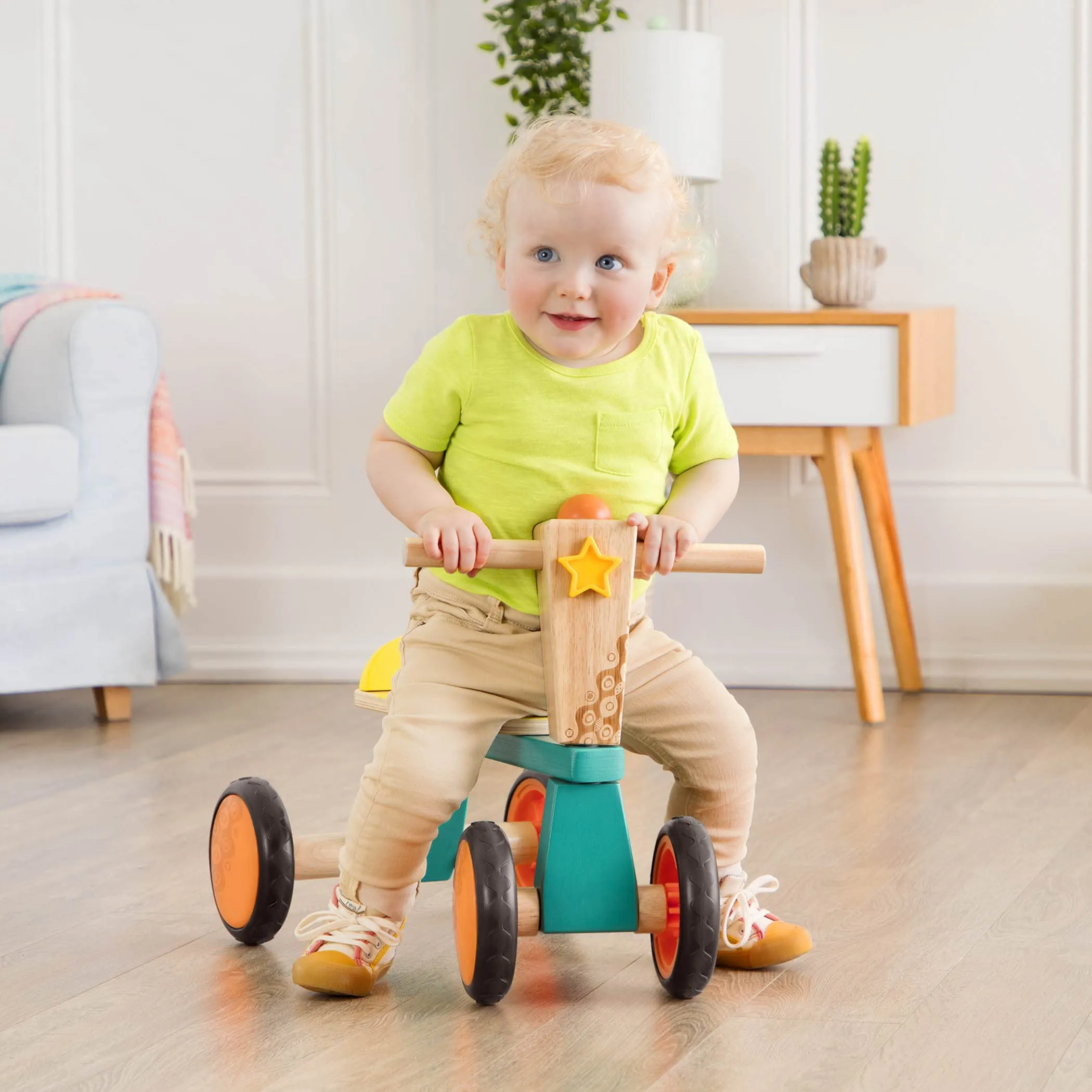 B. Toys- Smooth Rider- Ride On- Wooden Toddler Bike – Balance Toys for Toddlers – Push & Ride Bike – Four Wheels – 18 Months  , Large, Multicolor