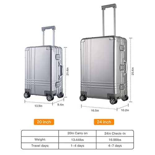 Bamboo Wolf 24-inch Aluminum-Magnesium Alloy Carry-on Hardside Suitcase Hard Shell Luggage, Built-In TSA Lock, Zipperless Fashion with Spinner Wheels for Travel / Business, Silver