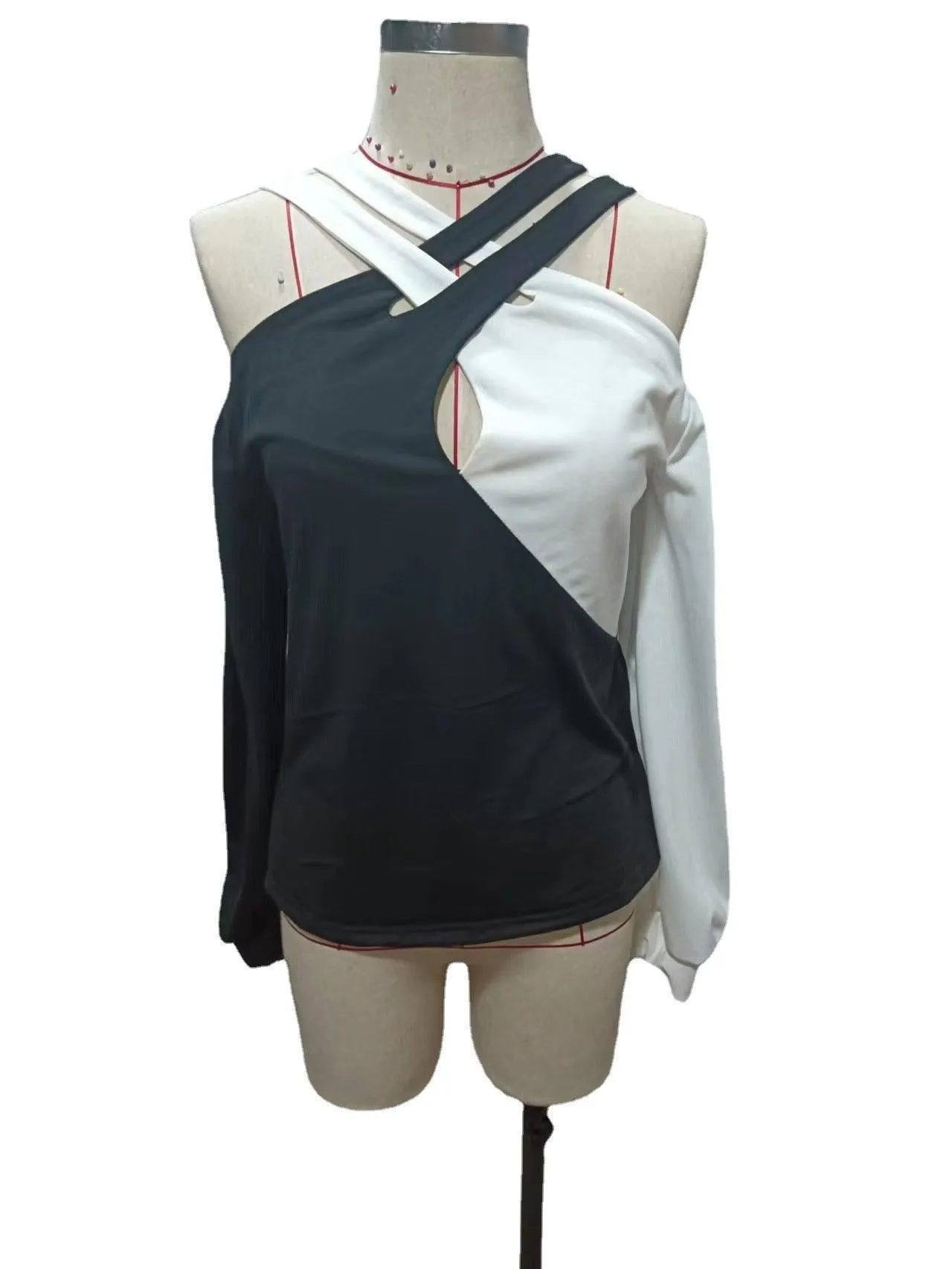Black And White Patchwork Casual Fashion Cross Belt Women's Top