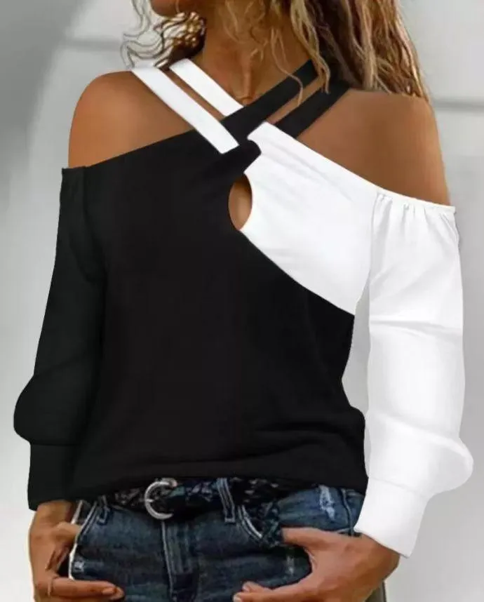 Black And White Patchwork Casual Fashion Cross Belt Women's Top