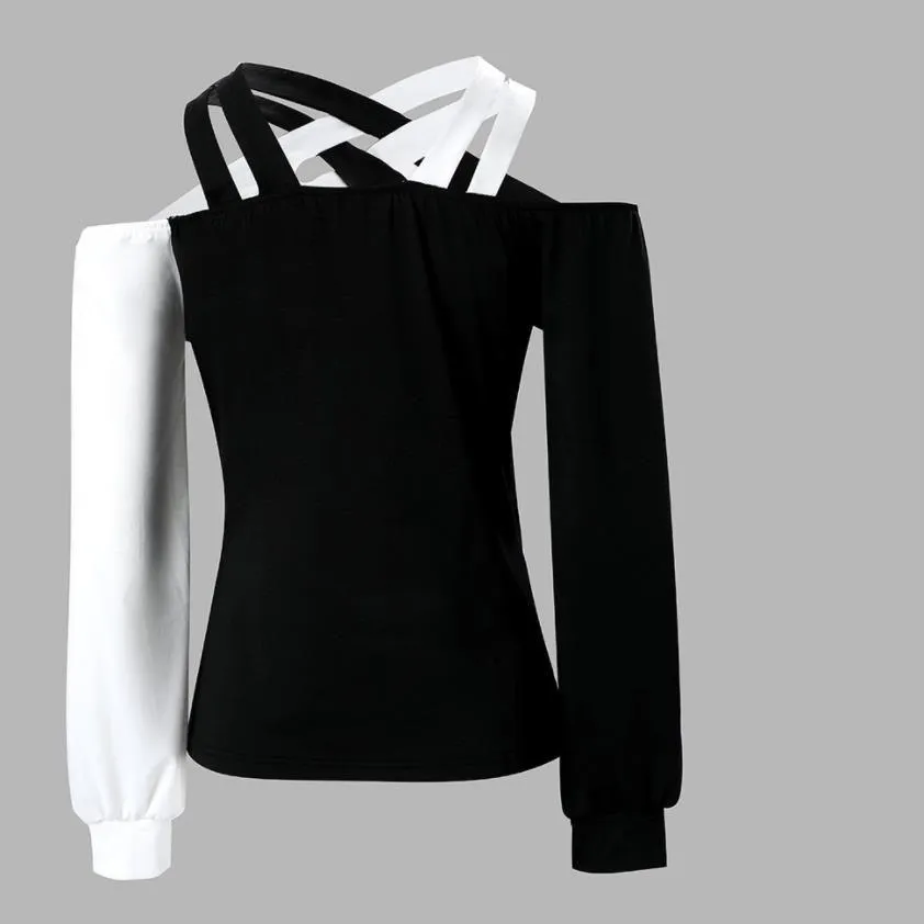 Black And White Patchwork Casual Fashion Cross Belt Women's Top