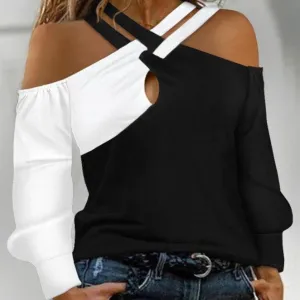 Black And White Patchwork Casual Fashion Cross Belt Women's Top