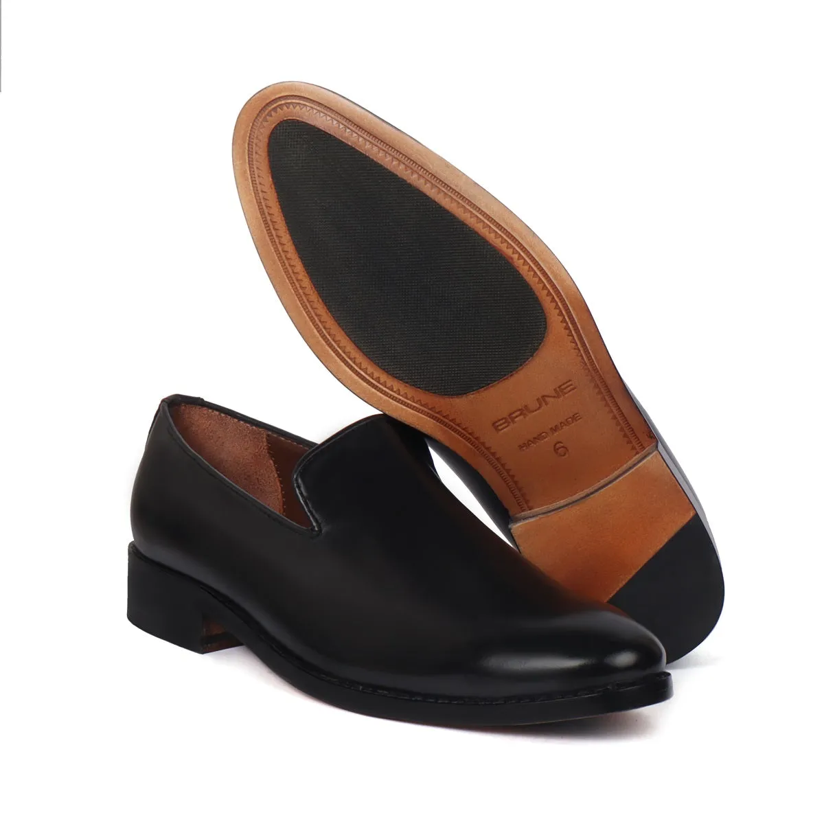 Black Slip-On's Shoe Comfort Opening Plain Genuine Leather