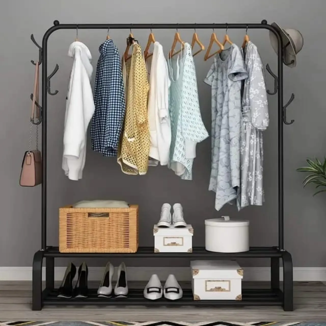 Cloth Rack With Double Lower Storage Shelf