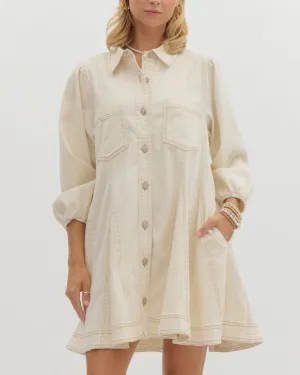 Denim Button Down Mini Dress - Ecru