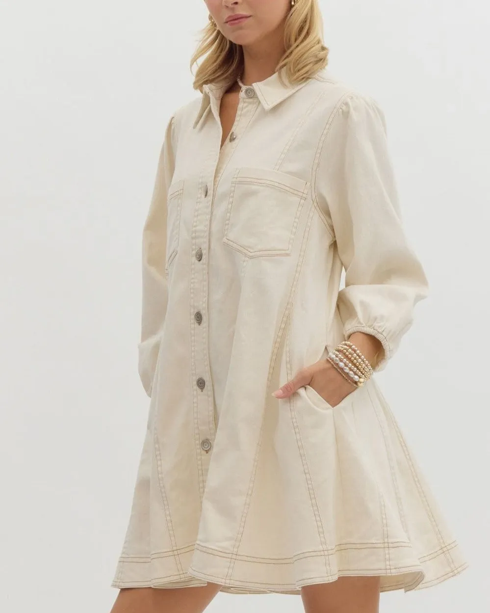 Denim Button Down Mini Dress - Ecru