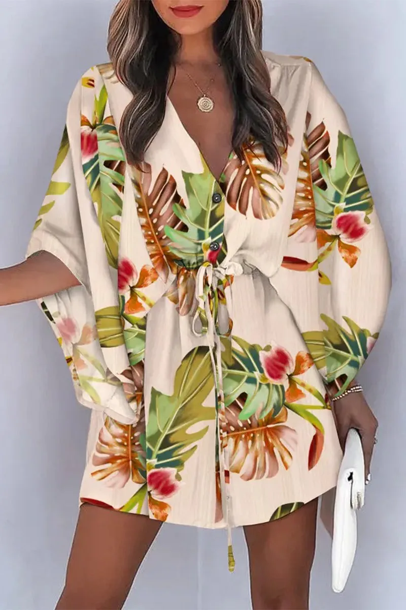 Fashion Casual Print Patchwork V Neck Dresses(4 Colors)