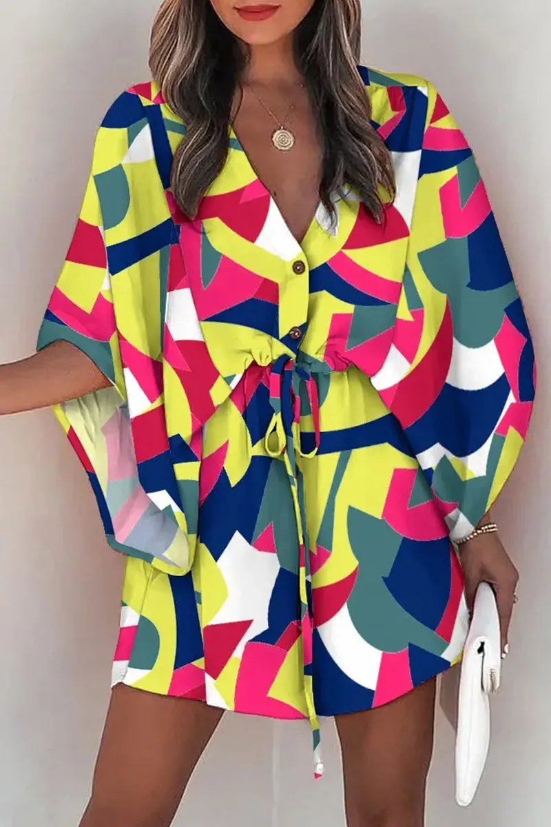 Fashion Casual Print Patchwork V Neck Dresses(4 Colors)