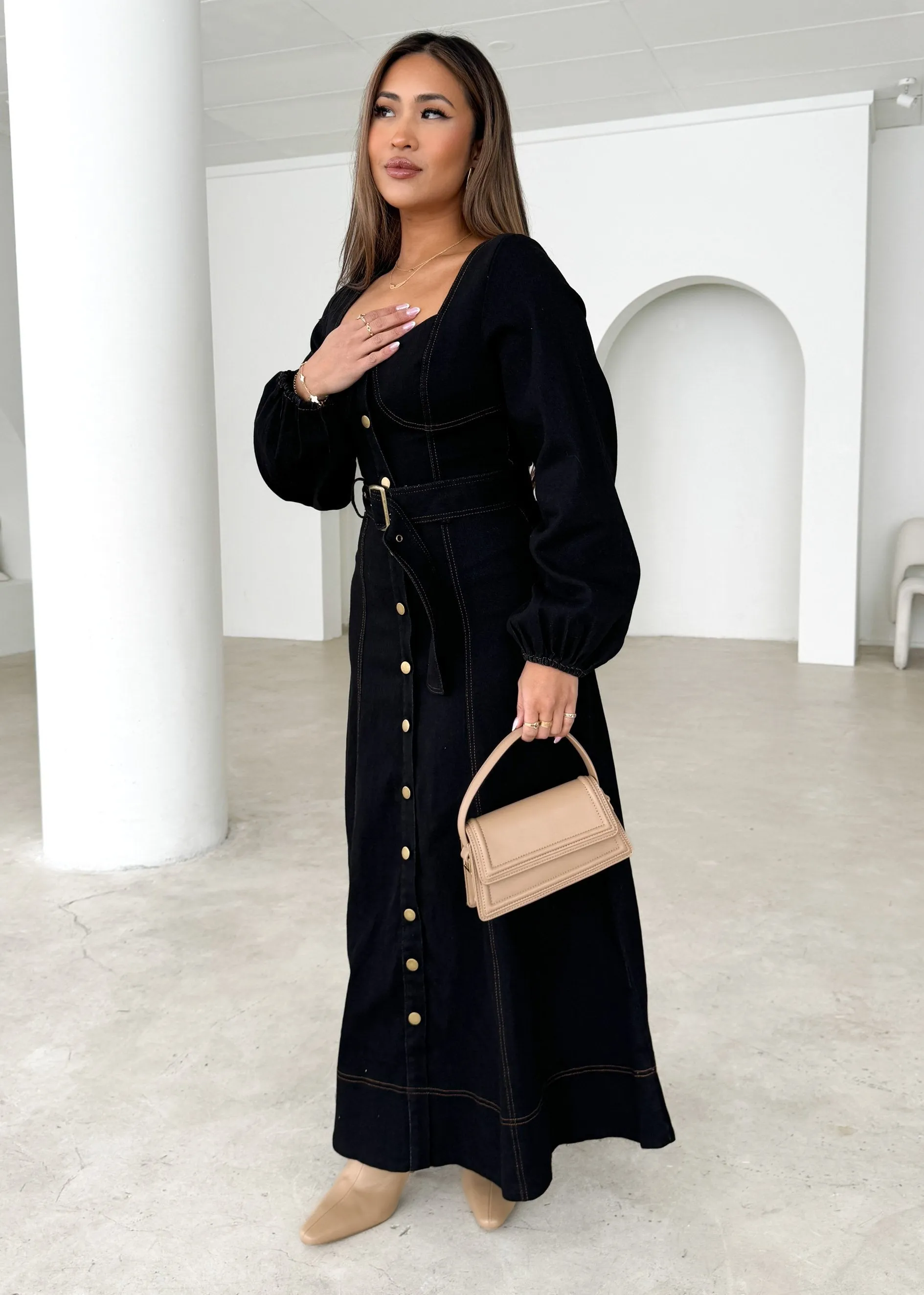 Fiorella Denim Maxi Dress - Black