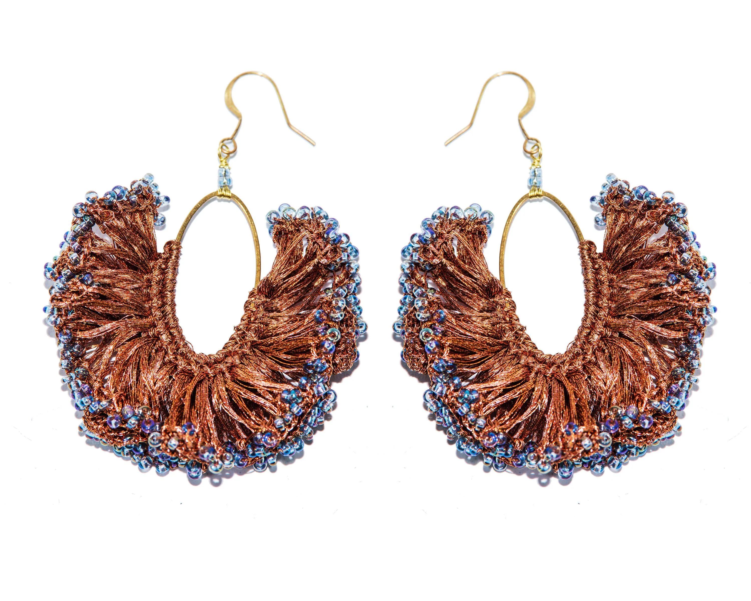 Handmade Earring Metallic Yarn Oval Shape with Bead