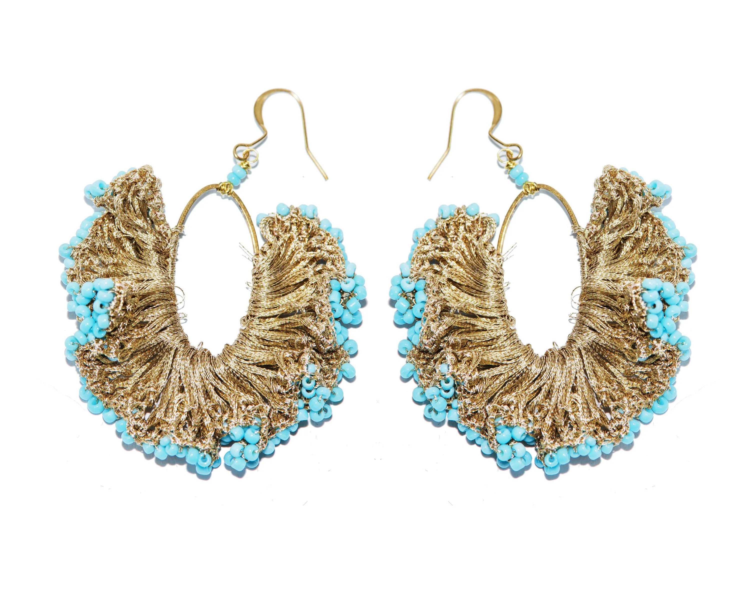 Handmade Earring Metallic Yarn Oval Shape with Bead