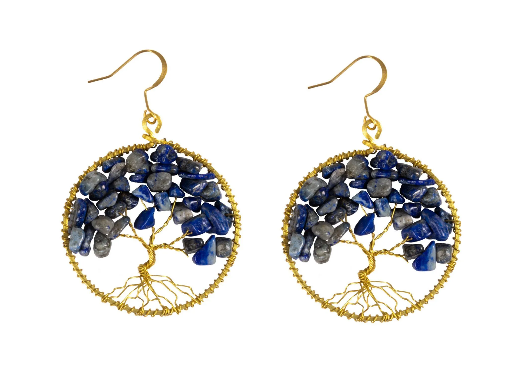 Handmade Earring Tree of Life Brass Circle Shape with Bead, Crystal and Stone