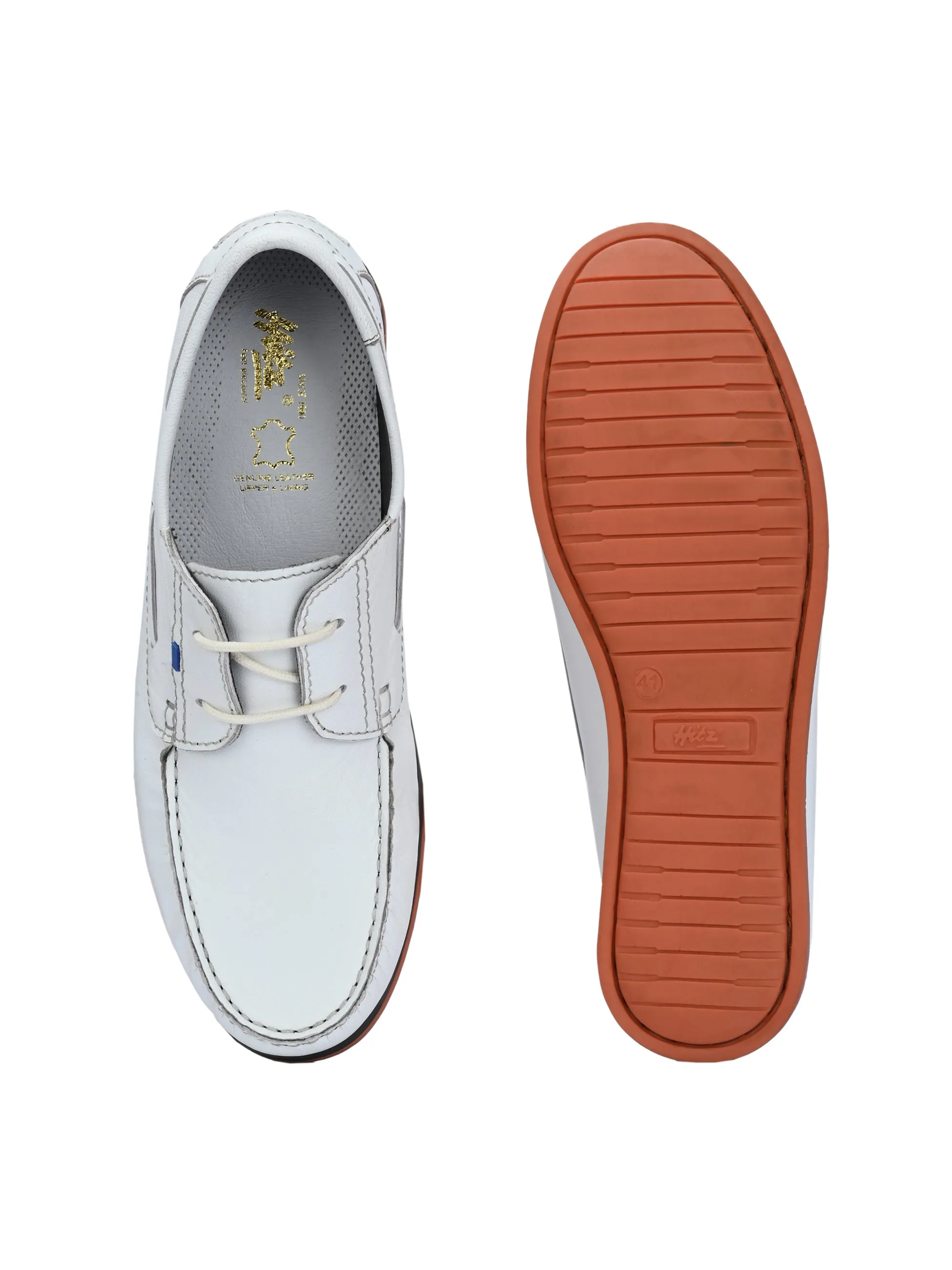 HITZ701 Men's White Leather Boat Lace-Up Shoes