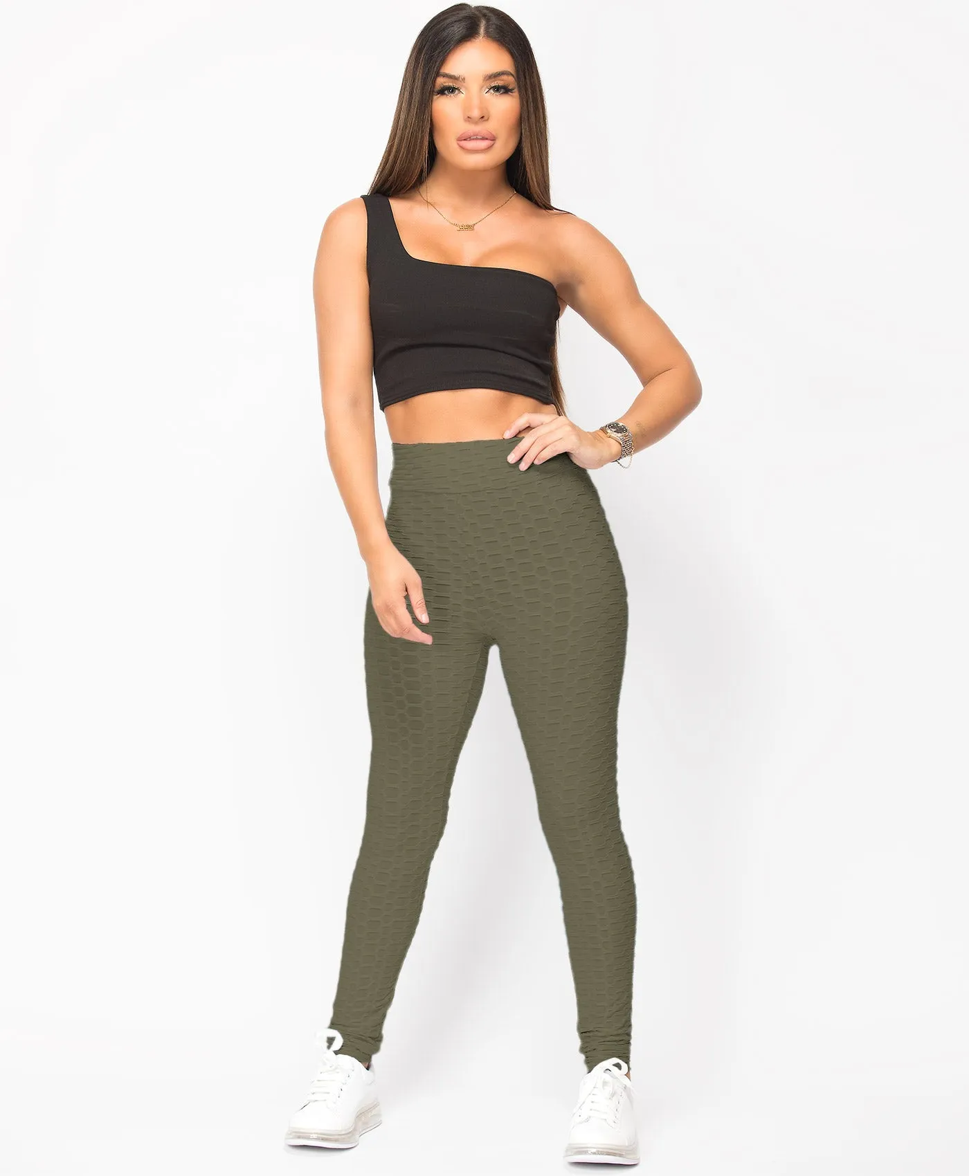Honeycomb Waffle Textured Active Wear Stretch Leggings