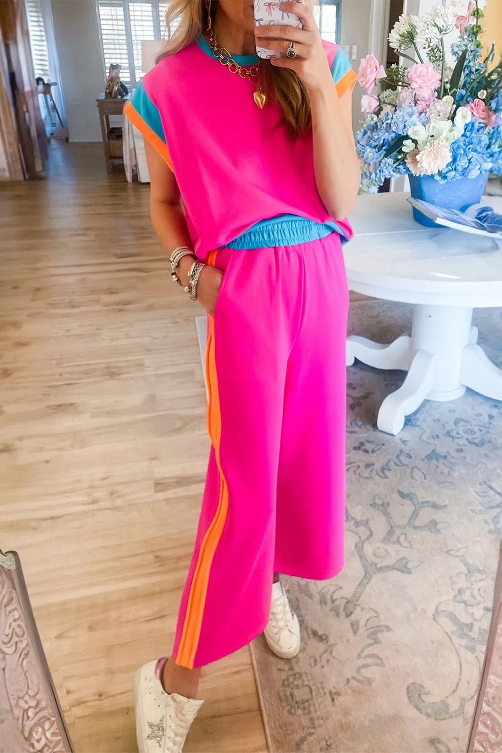 Hot Pink Colorblock Tee and Wide Leg Pants Set