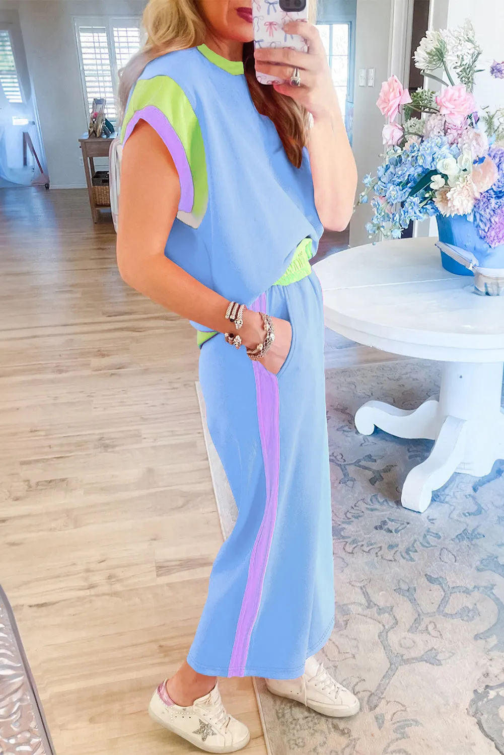 Hot Pink Colorblock Tee and Wide Leg Pants Set