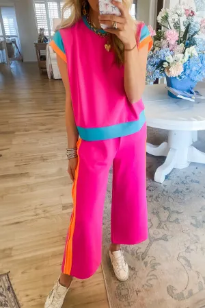 Hot Pink Colorblock Tee and Wide Leg Pants Set