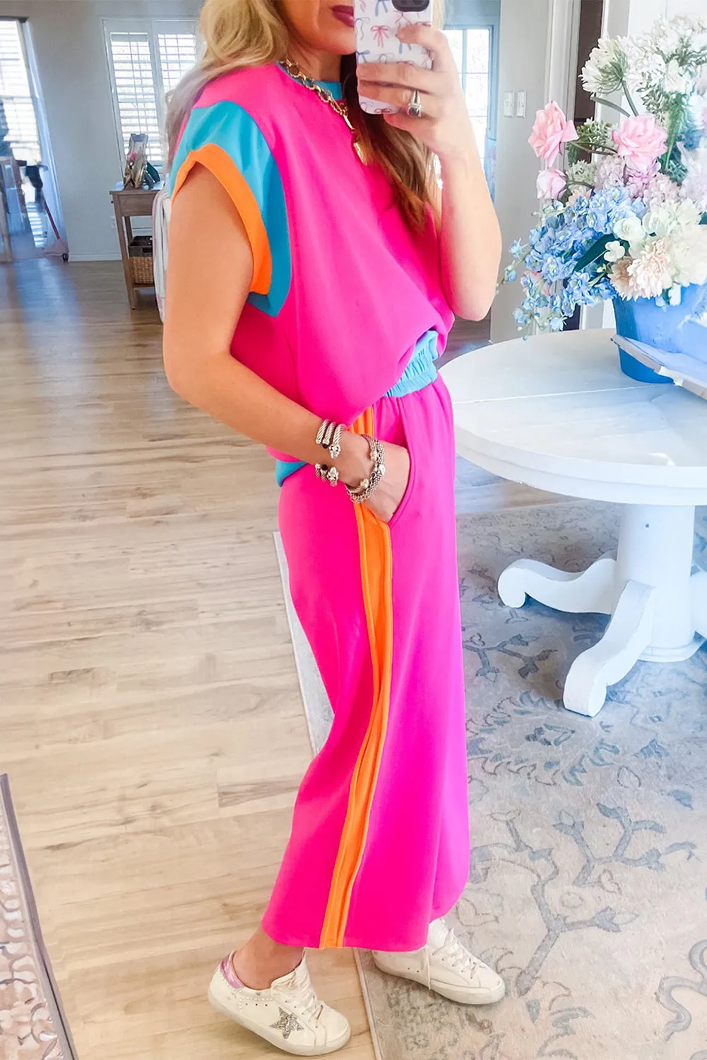 Hot Pink Colorblock Tee and Wide Leg Pants Set
