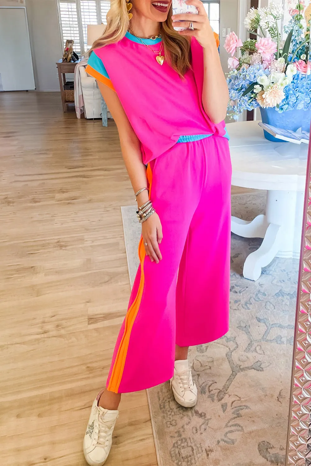 Hot Pink Colorblock Tee and Wide Leg Pants Set