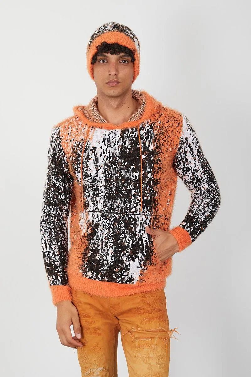 Jacquard pattern Mohair Hooded Sweater (Orange)