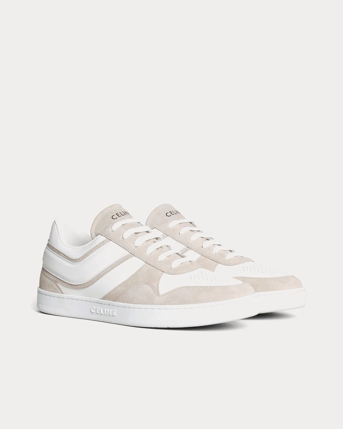 Lace-Up Suede & Calfskin Leather Light Beige / Optic White Low Top Sneakers