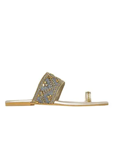 Marc Loire Women's One Toe Ethnic Slip-On Flat Chappals, Embellished & Traditional Footwear Grey