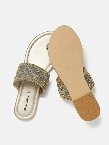 Marc Loire Women's One Toe Ethnic Slip-On Flat Chappals, Embellished & Traditional Footwear Grey