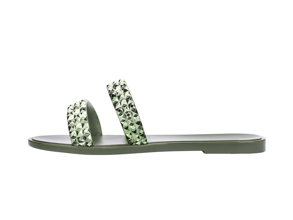 Melissa Bling AD Studded Metallic Green Flat Slipon Slides For Women