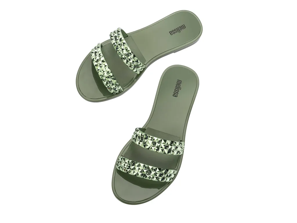 Melissa Bling AD Studded Metallic Green Flat Slipon Slides For Women