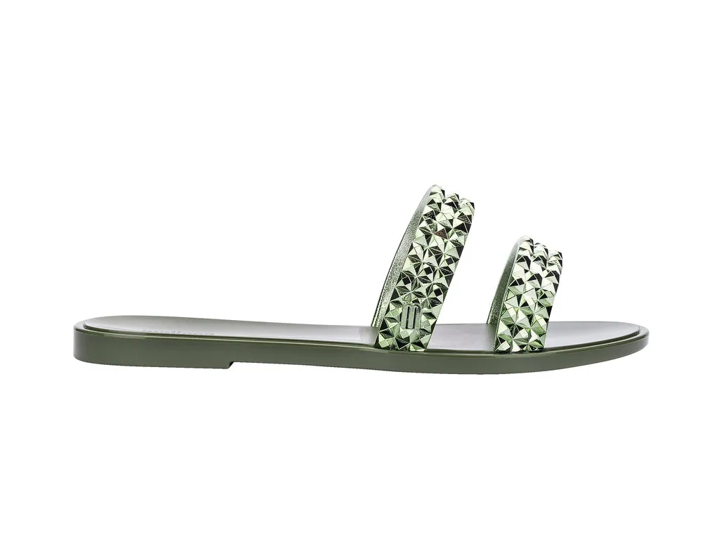 Melissa Bling AD Studded Metallic Green Flat Slipon Slides For Women
