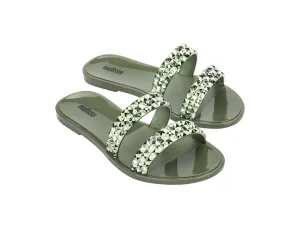 Melissa Bling AD Studded Metallic Green Flat Slipon Slides For Women
