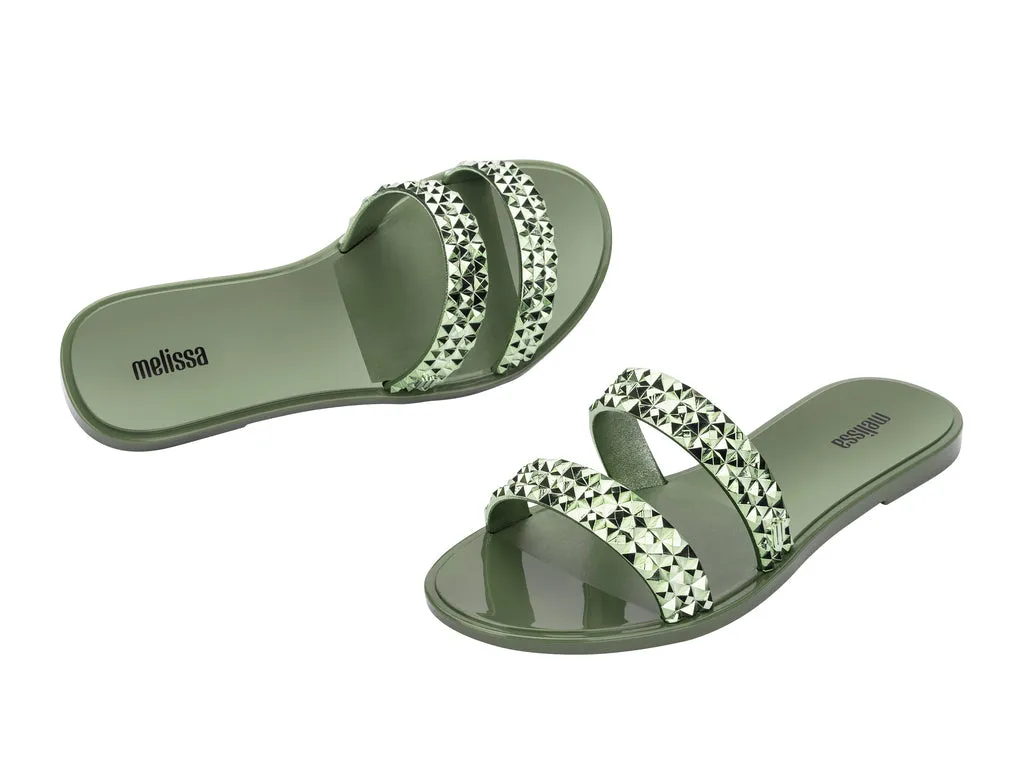 Melissa Bling AD Studded Metallic Green Flat Slipon Slides For Women