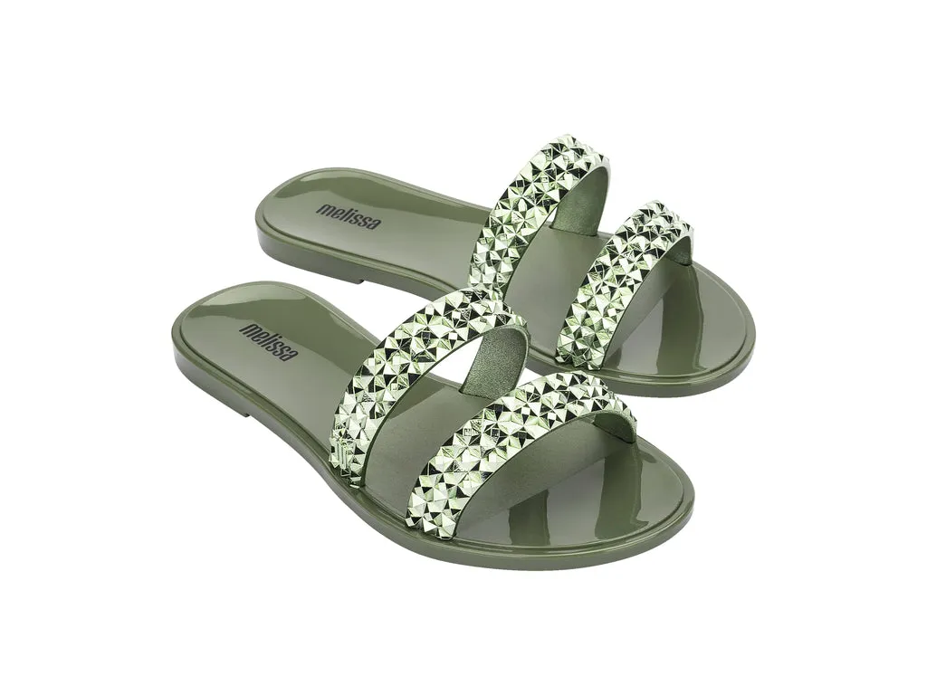 Melissa Bling AD Studded Metallic Green Flat Slipon Slides For Women