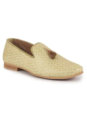Men Cream Embellished Sequine Tassel Traditional Jutti and Mojaris|Handcrafted Designer Loafers|Wedding Slip-On Party Ethnic Shoes