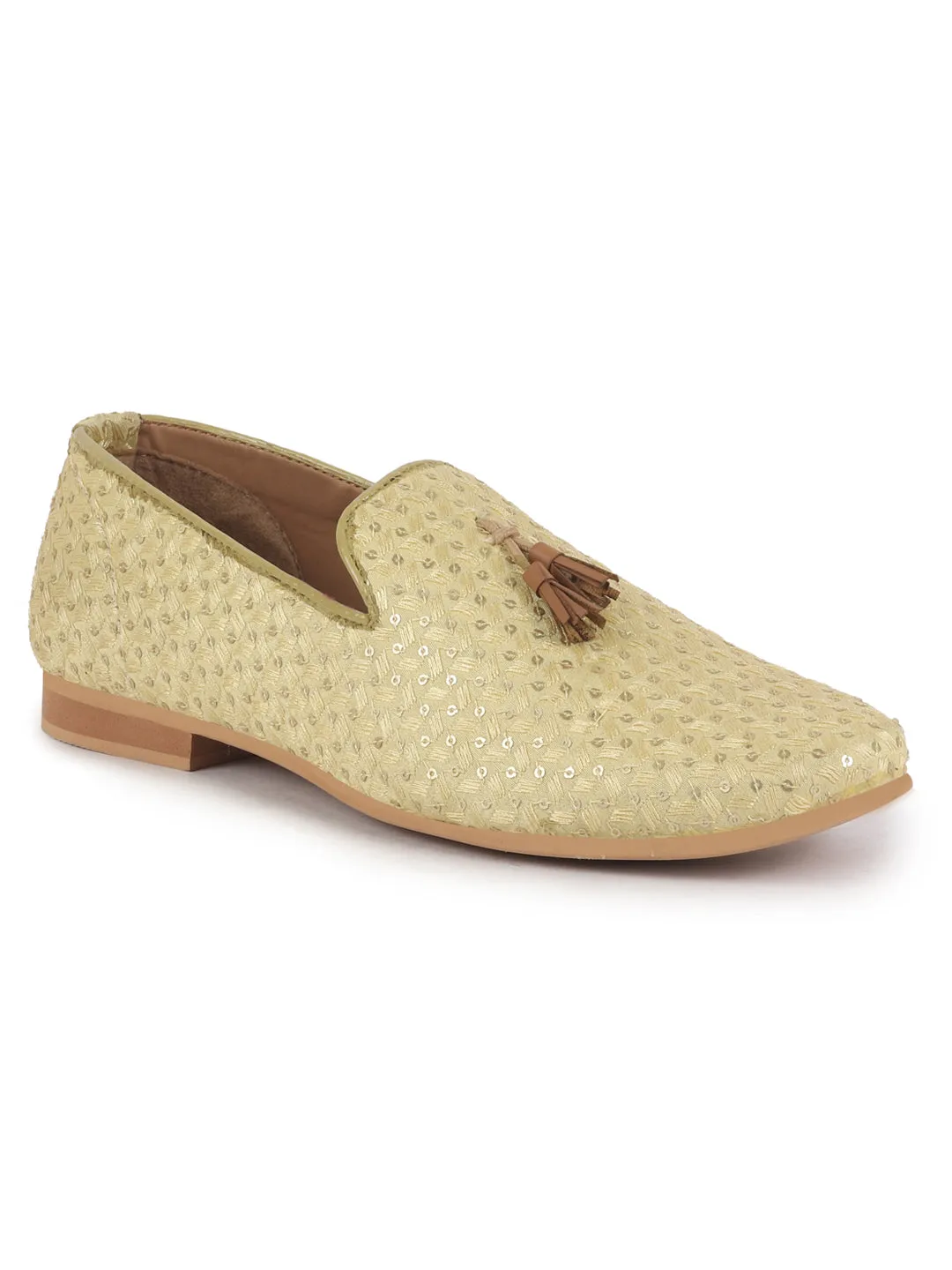 Men Cream Embellished Sequine Tassel Traditional Jutti and Mojaris|Handcrafted Designer Loafers|Wedding Slip-On Party Ethnic Shoes