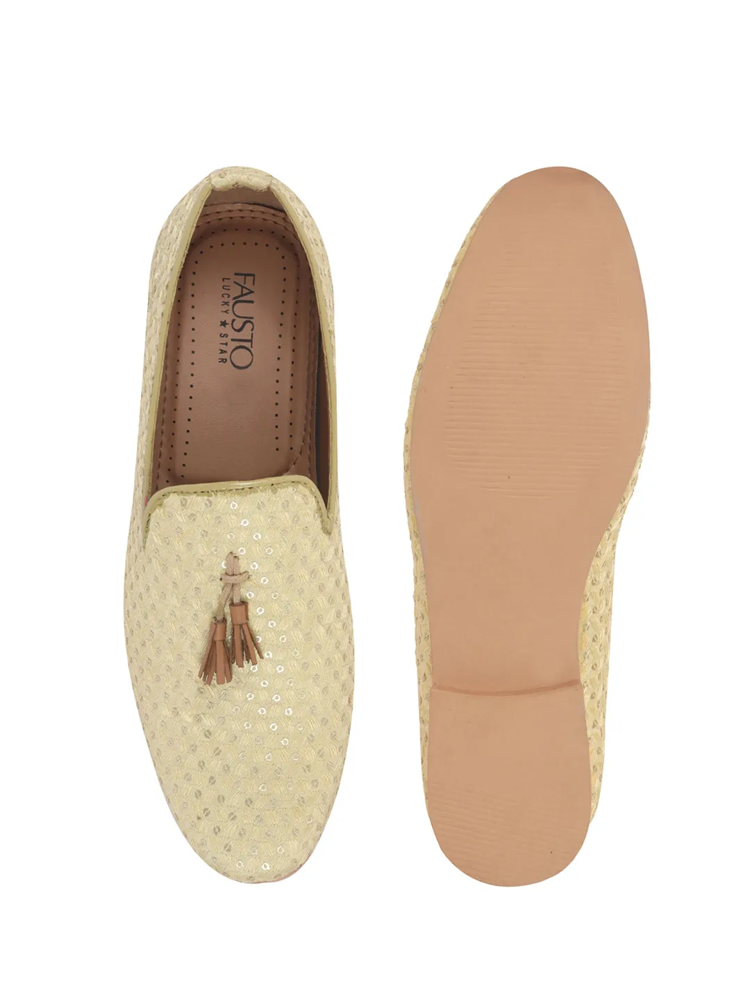 Men Cream Embellished Sequine Tassel Traditional Jutti and Mojaris|Handcrafted Designer Loafers|Wedding Slip-On Party Ethnic Shoes