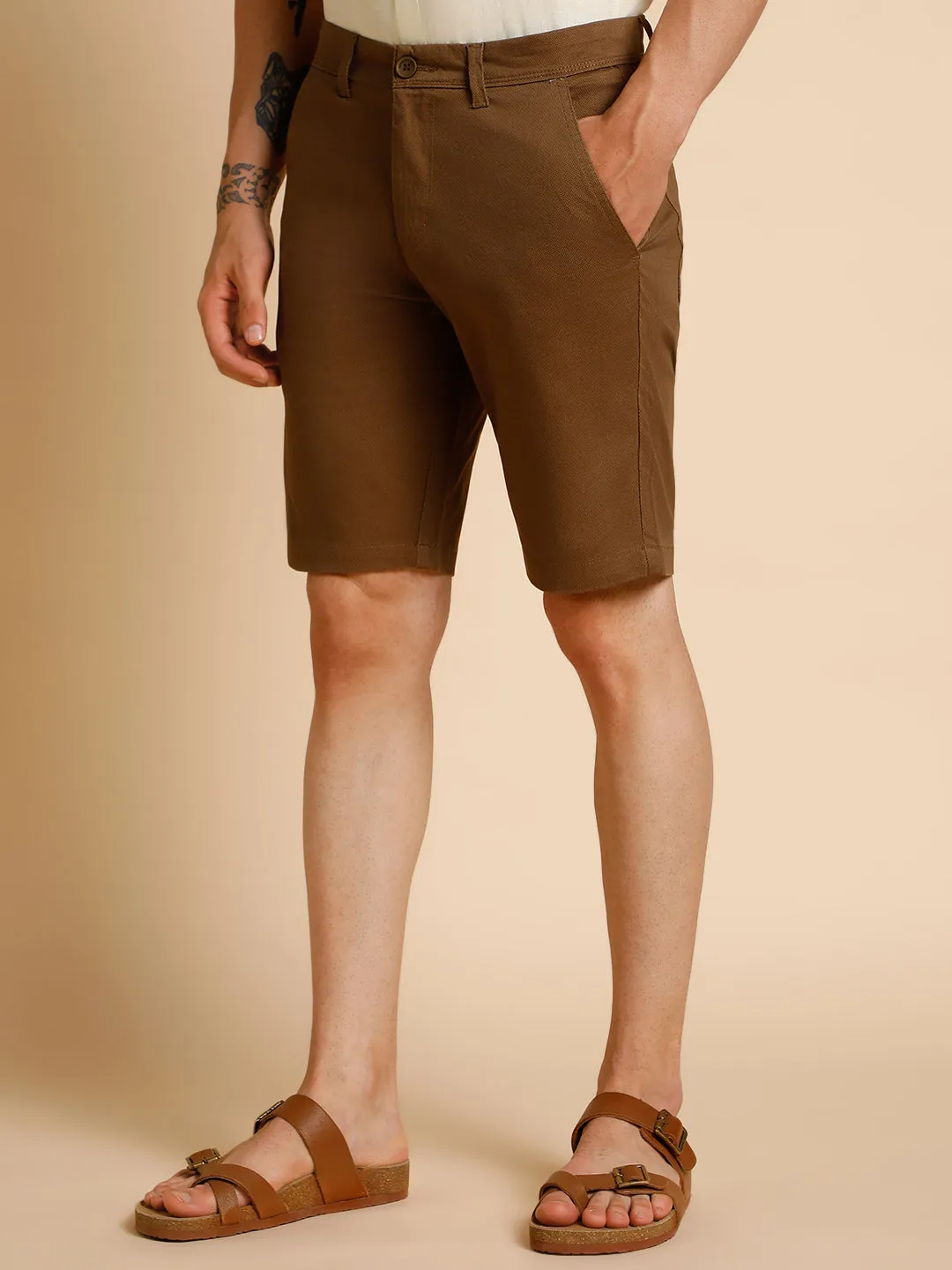 Men's Brown Solid Cotton Shorts