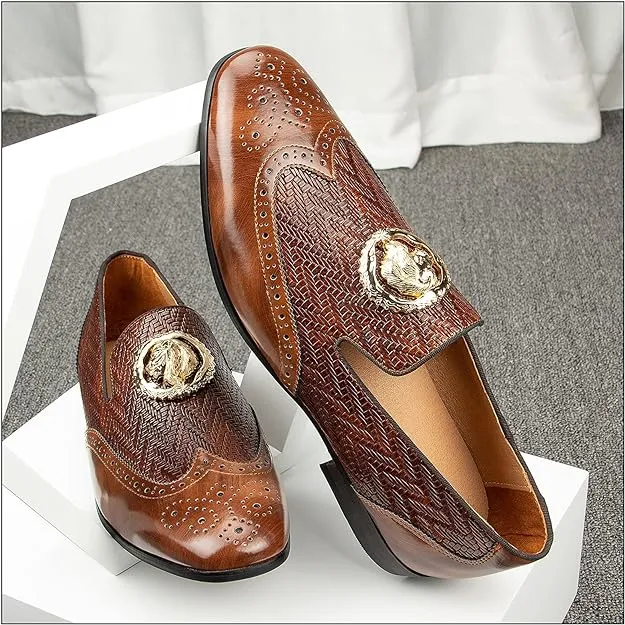 Men's Leather Brown Chevron Gold Lion Loafer Dress Shoes
